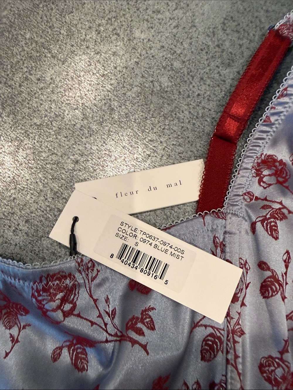 Fleur du Mal Blue Mist Satin Bra with Red Floral Print